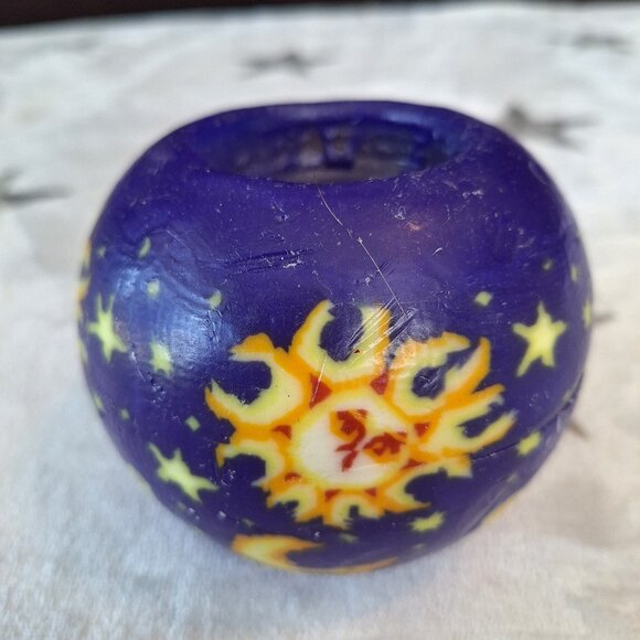 Vintage Celestial Candle Sun Moon Stars Blue Yellow Round Whimsy Y2K Decor - Picture 1 of 5
